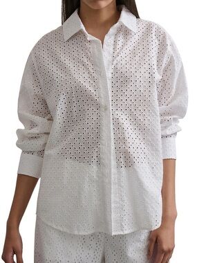 DKNY Jeans White Eyelet Lace Blouse Button Front Long Sleeve Bright White XL